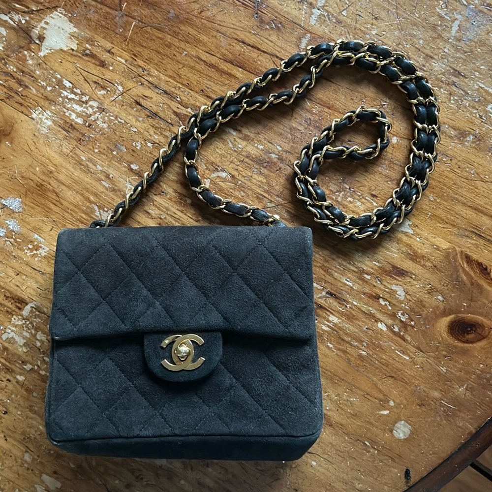 CHANEL Vintage 1990s rare brown quilted suede square mini flap bag with gold